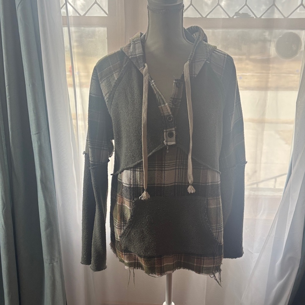 POL Plaid and Olive Hoodie